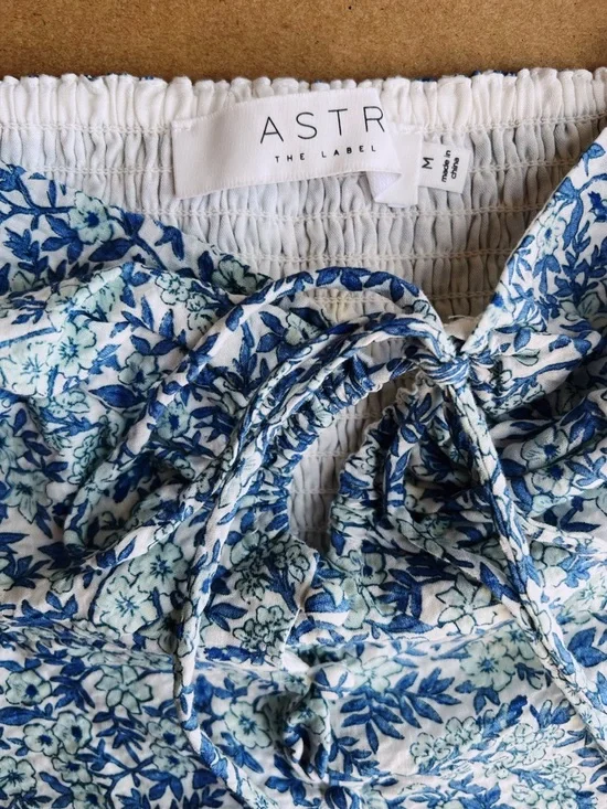 ASTR The Label Blue Floral Puff Sleeve Crop Top Cottagecore Tie Front Medium - Picture 6 of 7